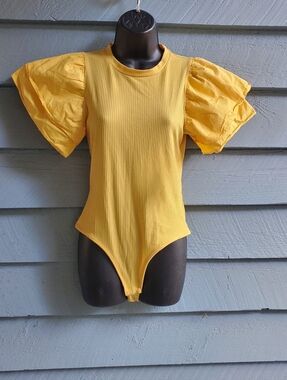 Yellow Puff-Sleeve Ribbed Bodysuit